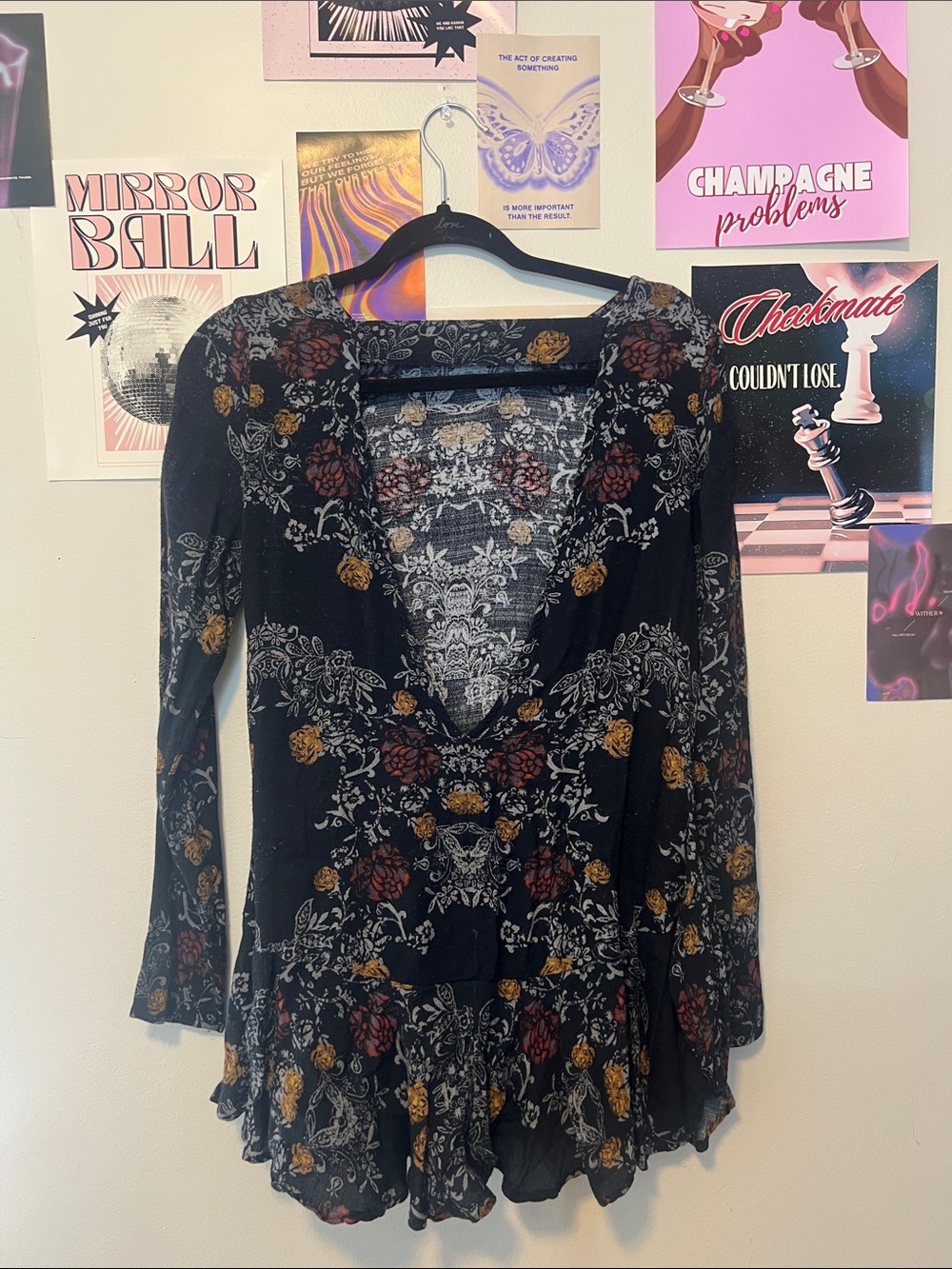 Free People Black Floral Long Sleeve Peasant Top with Rust & Mustard Accents - Picture 4 of 6